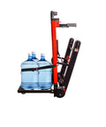 Heavy Duty Electric Hand Truck With 441 Lb Capacity And 160W Motor carrying two water jugs secured for better stability.