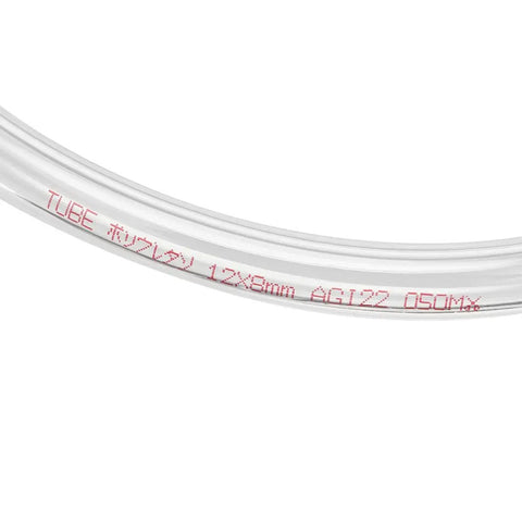 12mm OD 8mm ID clear PU pneumatic hose with printed specifications, close-up view