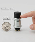 12V 50A Momentary Engine Start Push Button For Cars, Trucks, And Boats, 16mm panel hole, 28mm button diameter, hand for scale