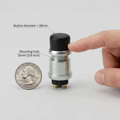 12V 50A Momentary Engine Start Push Button For Cars, Trucks, And Boats, 16mm panel hole, 28mm button diameter, hand for scale