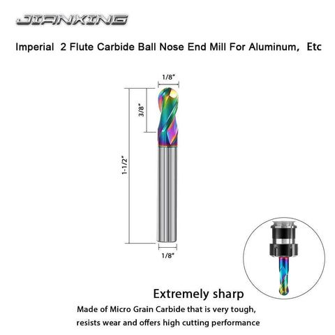 Front view of JIANXING 1/8-inch DLC-coated 2-flute carbide ball-nose end mill with rainbow coating; 4-piece set.