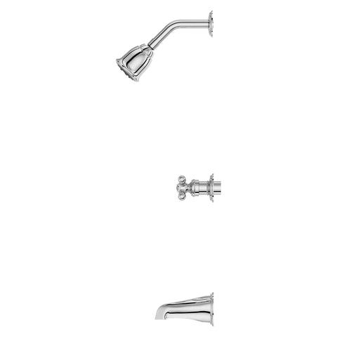 Polished Chrome Three-Handle Tub And Shower Faucet Set With Metal Cross Handles, includes shower arm and tub spout, valves sold separately.