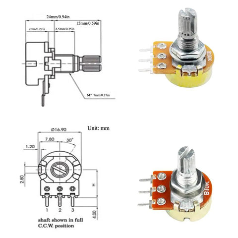Ultimate Potentiometer Kit With 11 Values From 500 Ohm To 1 Meg Ohm, 3 Pin Rotary Pots, side and top view with dimensions