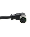 Close-up of M12 A Coded 5 Pin Female Actuator Sensor Data Cable 15 Meter Long Right Angle Connector in black