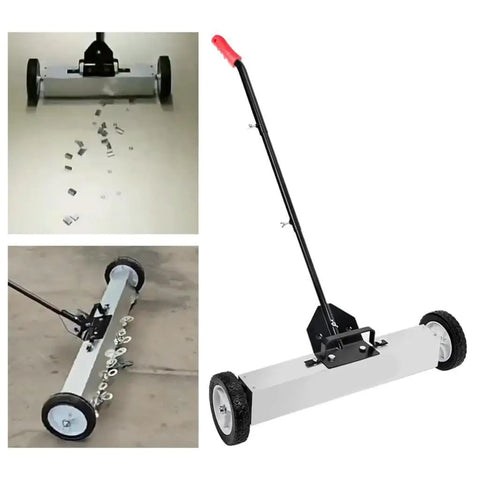 Heavy Duty Metal Sweeper Cart For Garage Pickup. 24 Inch Wide Steel Broom With Adjustable Handle. Perfect For Picking Up Nails, Screws And Shop Trash In Automotive Repair Shops Or Workshops. Easy To Use And Efficient.