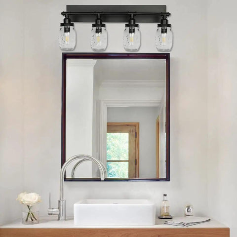 Industrial Mason Jar Vanity Light Wall Sconce In Black Finish, Three Light Bathroom Fixture For Modern Powder Room
