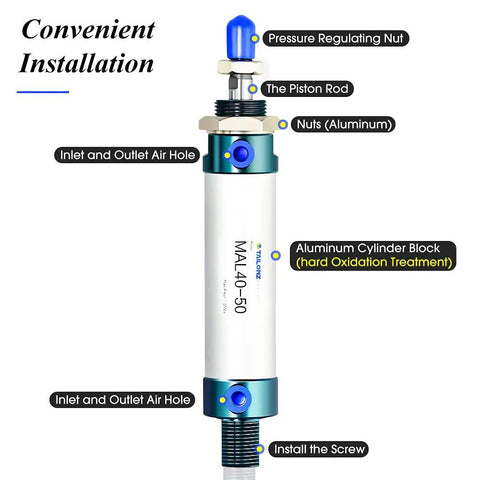 Diagram of Beefy Pneumatic Air Cylinder 40mm Bore 50mm Stroke Double Acting With Y Connector And Two 8mm Fittings MAL40x50 Aluminum Body