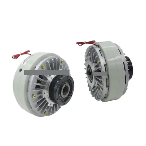 Two units of PC-6A2 hollow magnetic powder brake/clutch; front and side views, gray housing with red wires, 24V.
