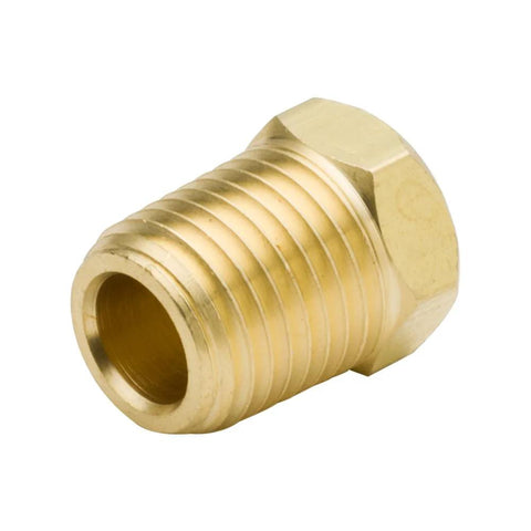 Brass 1/4 in NPT male hex plug pipe fitting, close-up view