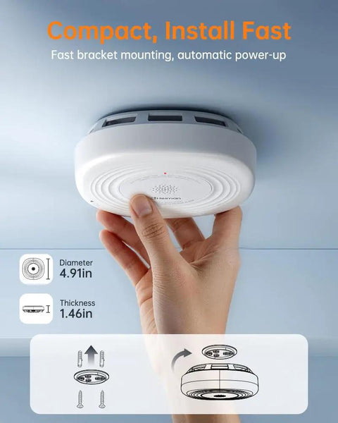 Smoke And Carbon Monoxide Detector Combo With 10 Year Sealed Battery End Of Life Alert No Battery Changes Ever Keeps Your Home Safe And Sound With Easy Install No Battery Replacements Required on ceiling, 4.91in diameter, 1.46in thick