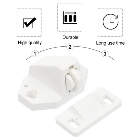 Close-up of white plastic ball catch door locks, part of 10 Sets Plastic Ball Catch Door Locks For Furniture, showing high quality design.