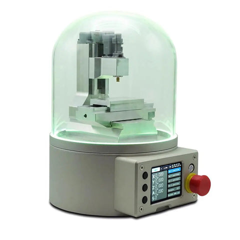 Ultra Mini Desktop CNC Machine Model With G Code Control inside clear dome showing aluminum frame and 3-axis display.