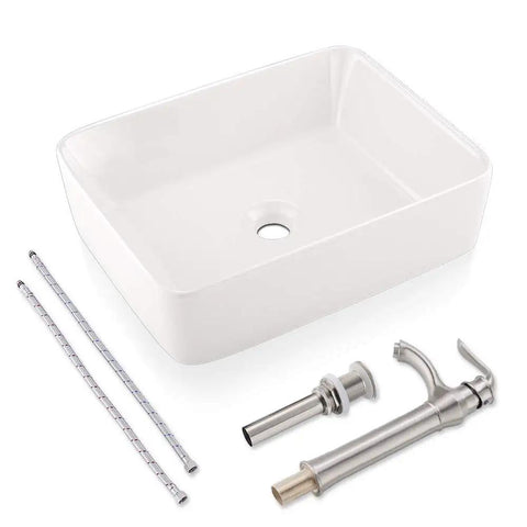 Rectangle Vessel Sink And Faucet Combo For Modern Bathrooms White Above Counter Basin 19 By 15 Inch Vanity Set With Brushed Nickel Faucet And Pop Up Drain Sleek Upgrade For Your Bathroom Daily Routine