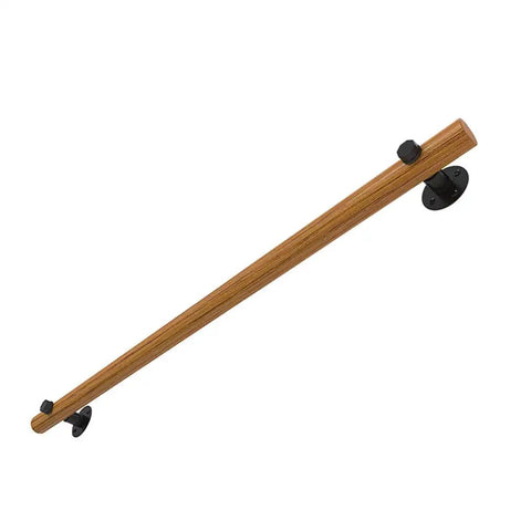 Top Shelf Pine Handrail Kit With A Round Solid Build Measuring 270 Cm, Heavy Duty Deck Railing for patios, showing round wood rail and iron mounts.