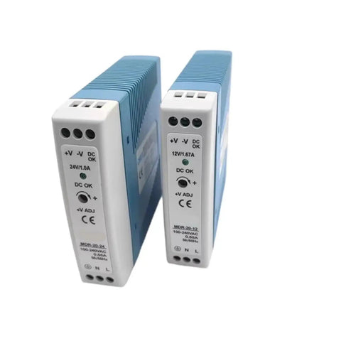 Two compact 20W 12V 24V DC DIN Rail Power Supply For LED Lighting Industrial SMPS modules, blue casing, reliable 24V output.