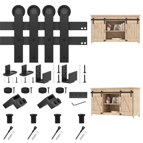 5 Foot Small Sliding Barn Door Hardware Kit for Double Doors and Cabinets, Ultra Quiet Track System, includes spliced tracks and guides.