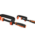 Two Piece Quick Release G Clamps Set For Woodworking With Plastic Jaw Bar Design Easy Trigger Mechanism, black and orange, 2 inch and 3 inch sizes.
