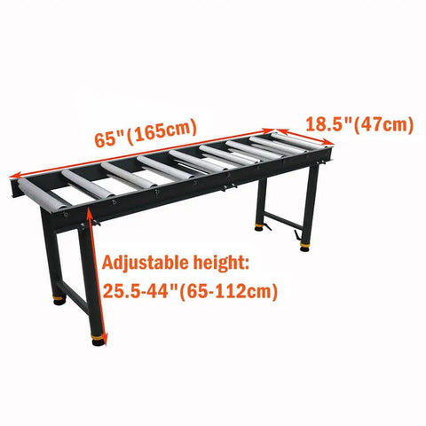 Intsuprmai 9 Roll Adjustable Conveyor Stand Table with chrome rollers, 65 inches long, adjustable height 25.5-44 inches.