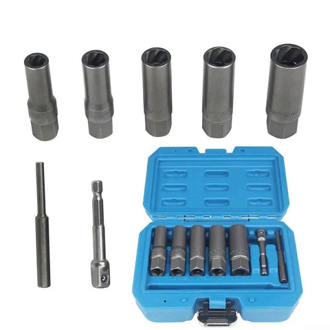 Five Piece Deep Socket Set For Damaged Nuts And Stripped Bolts With Reverse Thread Grip in blue case with tools displayed