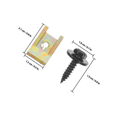 Premium U Nut And Screw Clip Kit With Black Zinc Hex Head Self Tapping Screws and Durable Metal U Clips shown with dimensions.
