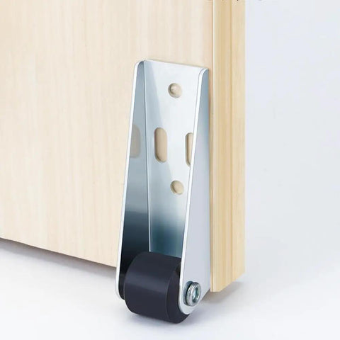 Rock Solid Vertical Track Roller Wheels For Sliding Barn Doors Featuring Quiet Rubber Casters And Reinforced Bearings mounted on cabinet.