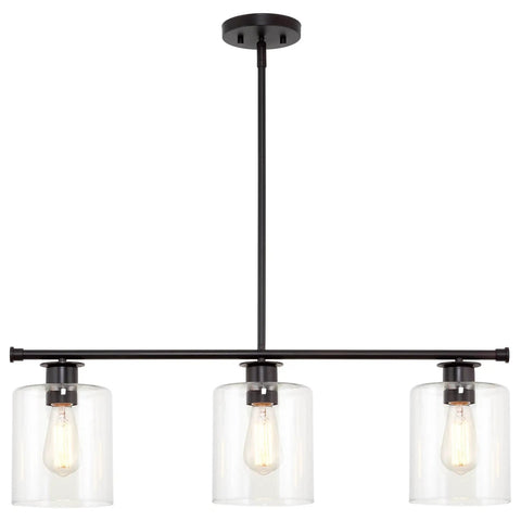 Dope Three Light Modern Industrial Farmhouse Kitchen Island Pendant Lighting With Clear Glass Cylinder Shades, Oil Rubbed Bronze