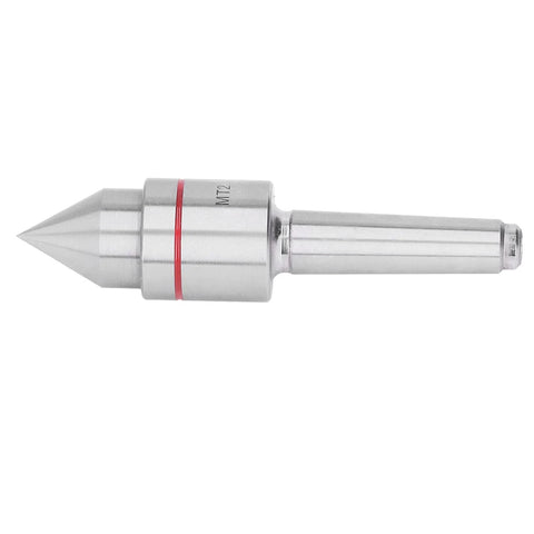 Side view of MT2 live center with 60° conical tip, MT2 Morse taper shank, triple-ball bearing, high-carbon steel