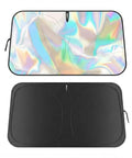 Kick Summer Heat To The Curb With This Sick Reflective Laser Windshield Sun Shade For Tesla Cybertruck Plus Cyberbeast 2023 Through 2026 Featuring A Foldable Durable Cover That Blocks Harsh Sunlight And Keeps Your Ride Ice Cold. Reflective top view of foldable sun shade, showing colorful design and durable black underside.