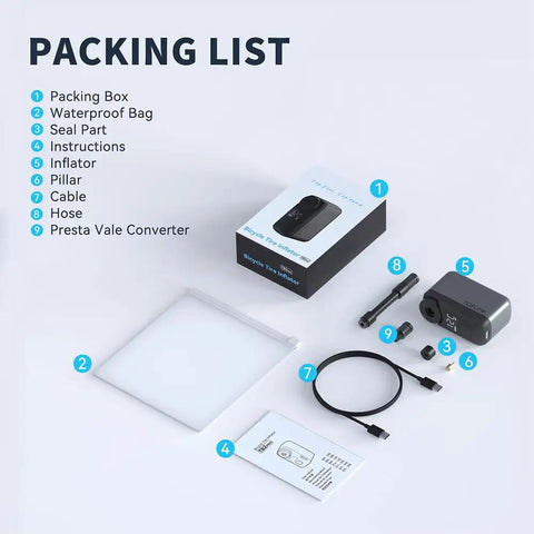 Ultra Portable Mini Bike Tire Pump With Digital Gauge And Auto Stop At 120 PSI Type C Rechargeable Battery contents list