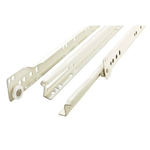 Rock Solid 22 Inch Bottom Mount Drawer Slides Featuring Dead Silent Self Closing Action Heavy Duty Stamped Steel Classic White Epoxy Finish.