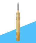 Automatic Center Punch Tool With HSS Tip Spring Loaded Brass Body No Hammer Needed For Precise Marking In Wood And Metal One Eighth Inch Roll Pin Punch Set Self Centering No Slip Durable Pro Grade Quality Ready To Roll shown upright against a blue and white background, highlighting the brass body and pointed tip.