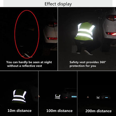 Unisex Reflective Safety Vest With Zipper Front, High Visibility 360 Degree Reflectivity shown at various distances in dark conditions