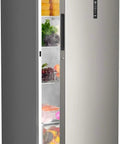 14 Cubic Feet Upright Freezer Convertible Freezer Fridge Featuring Smart Digital Interface And True Frost Free Design open showing vegetables and fruits.