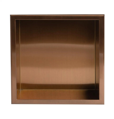 Shower Niche In Brushed Copper 12 X 12 X 4 Inches, Waterproof Bathroom Storage For Shampoo And Soap, PVD finish front view.