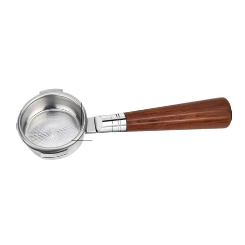 Pull That Perfect Shot With This 58mm Bottomless Portafilter Featuring Two Heavy Duty Filter Baskets And A Straight Up Comfy Wood Handle For Keeping Your Daily Brew Game Tight, sleek design with polished steel and wooden handle.