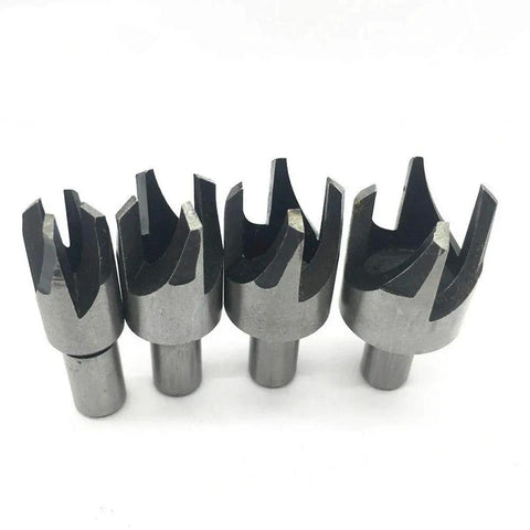 Upgrade Your Benchtop Game With This Slick Eight Piece Wood Plug Cutter And Dowel Maker Kit Featuring Straight And Tapered Drill Bits In Four Essential Metric Sizes, showing four steel wood plug cutters with sharp edges.