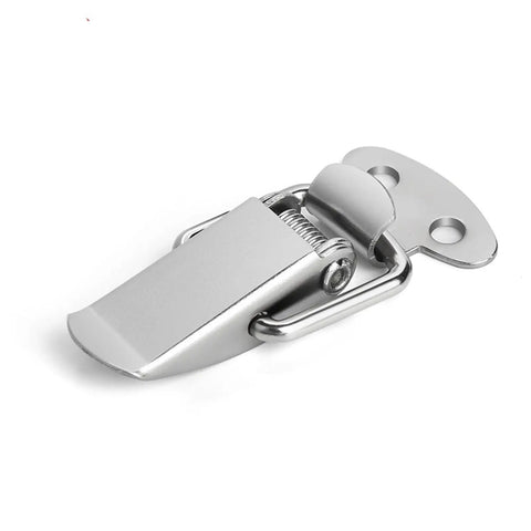 Durable Spring Loaded Latch Catch Toggle Hasp For Cabinet Boxes Sliding Doors And Windows Made From Mild Steel Heavy Duty Simple Lock Hardware Tool Accessory, close-up view.