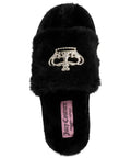 Women's Buttery Soft Faux Fur Slide Slippers Featuring Open Toe Fuzzy House Shoes With Sparkly Rhinestone Script Detail Dark Leopard Print For Total Homebody Chill Vibes Small Fit - black slide slipper with rhinestone detail.