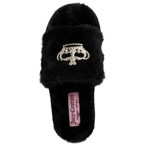 Women's Buttery Soft Faux Fur Slide Slippers Featuring Open Toe Fuzzy House Shoes With Sparkly Rhinestone Script Detail Dark Leopard Print For Total Homebody Chill Vibes Small Fit - black slide slipper with rhinestone detail.