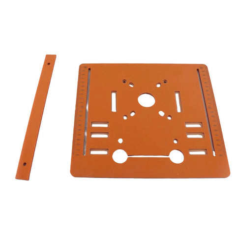 Heavy Duty Circular Saw Base Plate For Router Table With Killer Stability Precise 90 And 45 Degree Cuts Knock Out Clean Cuts Every Time solid orange phenolic resin base plate with measurement markings, rectangular shape, and holes for secure fitting.