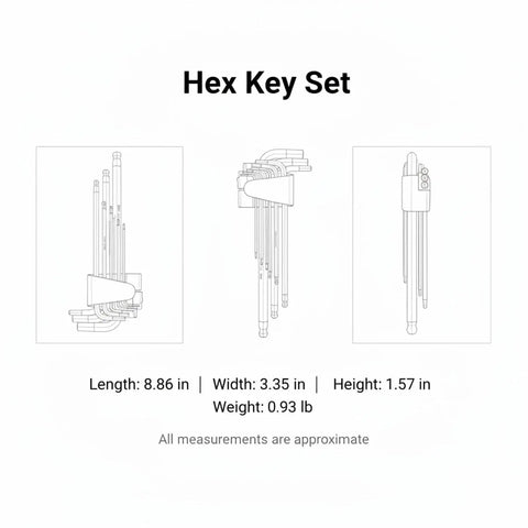 Solid 9-Piece Hex Key Set Crafted From Tough Chrome Vanadium Steel For Easy Bike Repair Furniture Assembly And Household Fixes That Get The Job Done Right, folded set with dimensions
