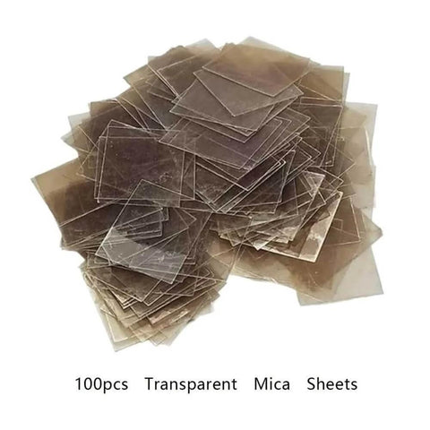Pile of transparent mica sheets, pack of 100, showcasing thin, lightweight thermal conductor sheets for high temperature insulation.