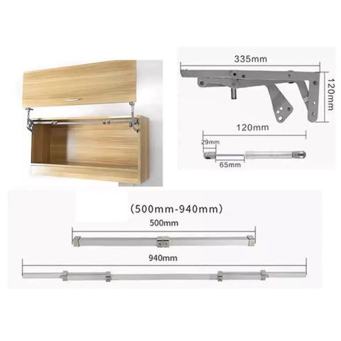 Cabinet Door Lift Assist Strut With Dual 250N Hydraulic Gas Springs for Smooth Vertical Swing Opening, measurements illustration