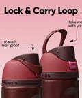 Heavy Duty Double Walled Stainless Steel Water Bottle 24 Oz Kickass Push Button Lock Lid shown with Lock & Carry Loop feature.