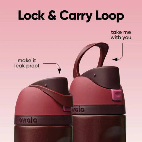 Heavy Duty Double Walled Stainless Steel Water Bottle 24 Oz Kickass Push Button Lock Lid shown with Lock & Carry Loop feature.