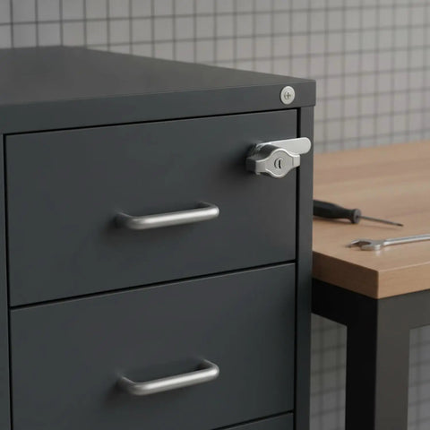 Sturdy Cam Lock For Cabinets, File Drawers And Cupboards, showing zinc alloy lock with silver finish on gray metal drawer.
