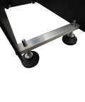 Base of Heavy Duty Steel Wire Straightening And Cutting Machine with metal wheels for mobility and stability.