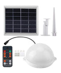 JUDYSSY Led Solar Flood Light components including solar panel, remote control, dome light, and mounting accessories.