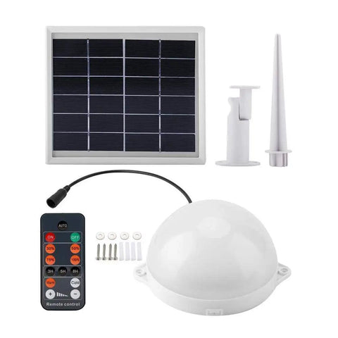 JUDYSSY Led Solar Flood Light components including solar panel, remote control, dome light, and mounting accessories.