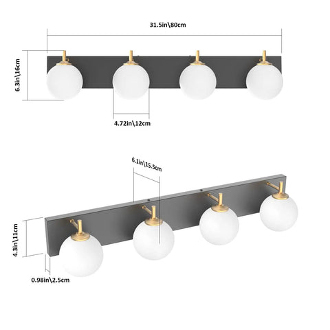 Diagram of Mid Century Modern Four Light Vanity Light With Milky Glass Globes Over Mirror Dope Vintage Style Bathroom Fixtures Featuring Gold Pole And Matte Black Base For Soft Uniform Illumination with dimensions.
